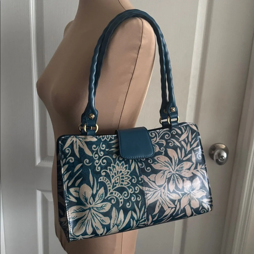Patricia Nash Rienzo Greek Floral Leather Blue Shoulder Handbag